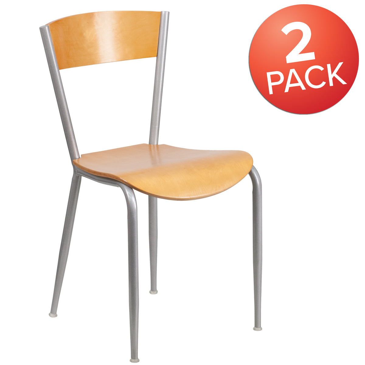 2 Pack Silver Metal Restaurant Chair with Natural Wood Back and Seat R824749