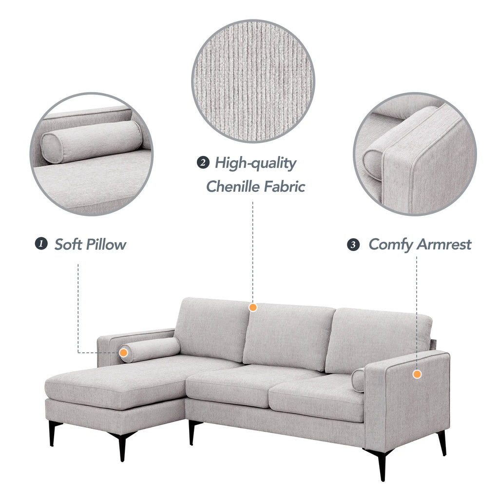 Beige 86" L-Shaped 3-Seat Sectional Sofa with Reversible Chaise D31633