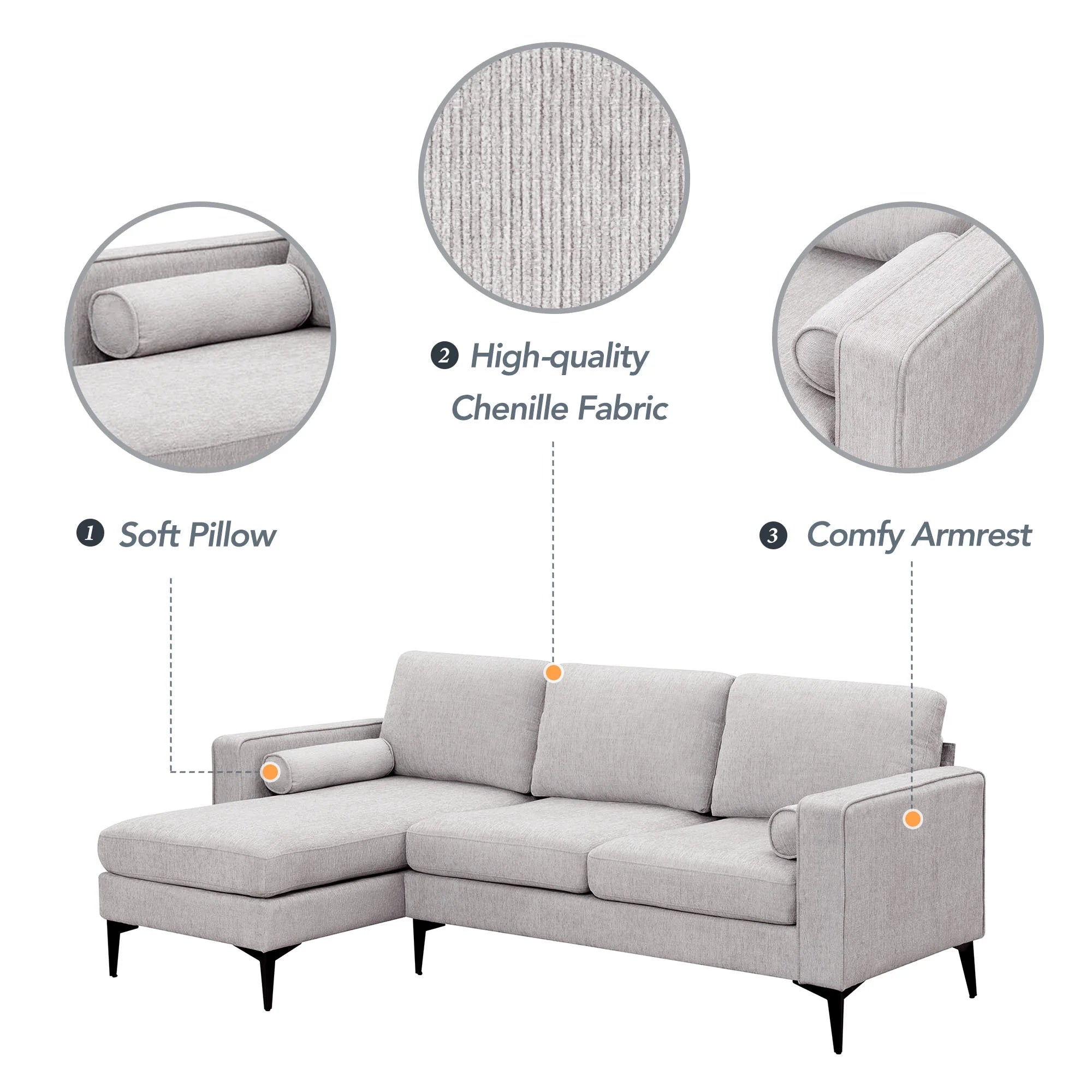 Beige 86" L-Shaped 3-Seat Sectional Sofa with Reversible Chaise D31633