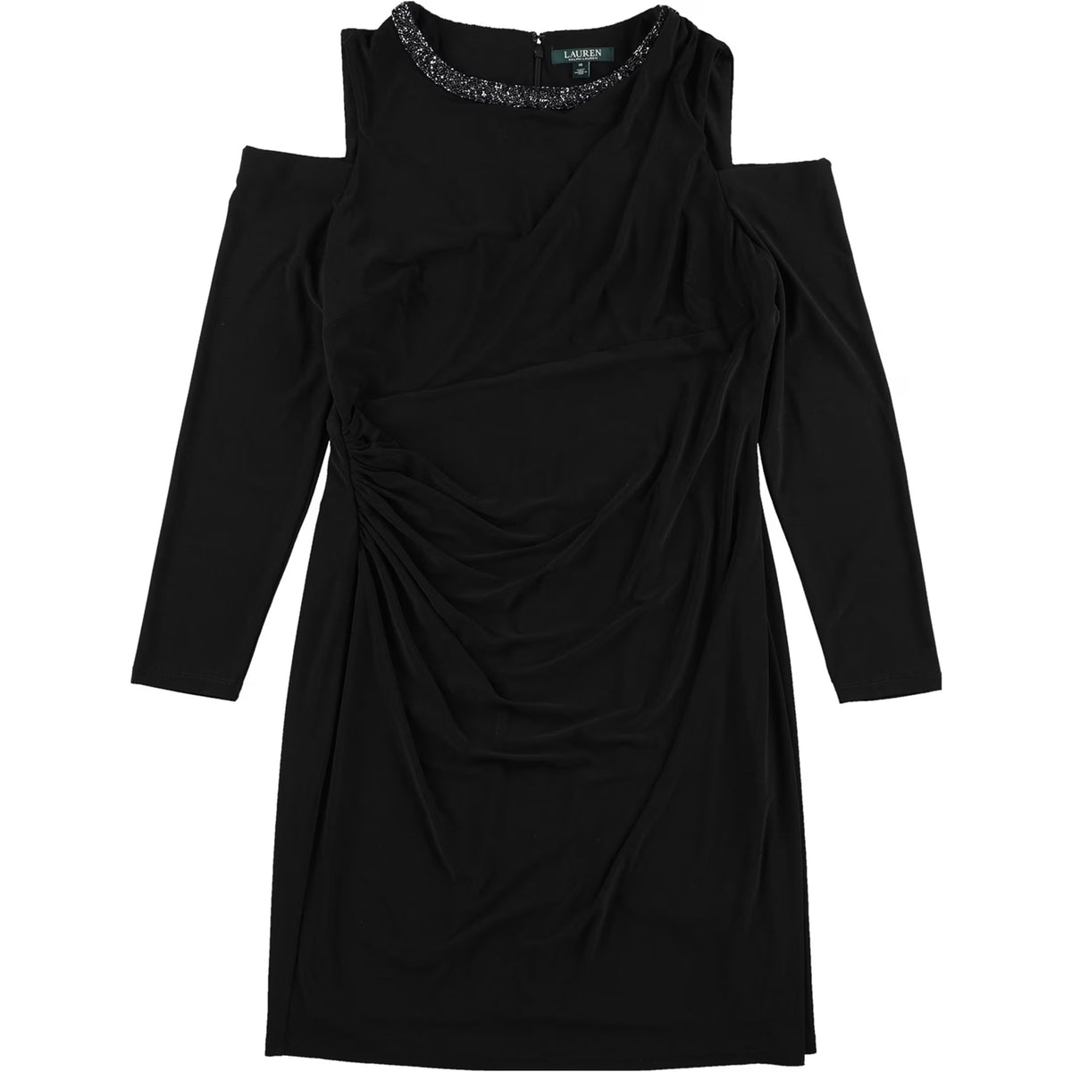 Black Beaded Jersey Cold Shoulder Dress Y439