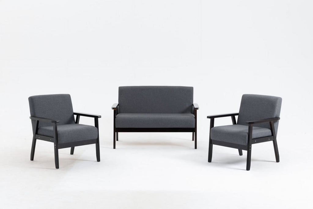 Espresso Dark Gray Linen Fabric Loveseat and 2 Chair Set O97603
