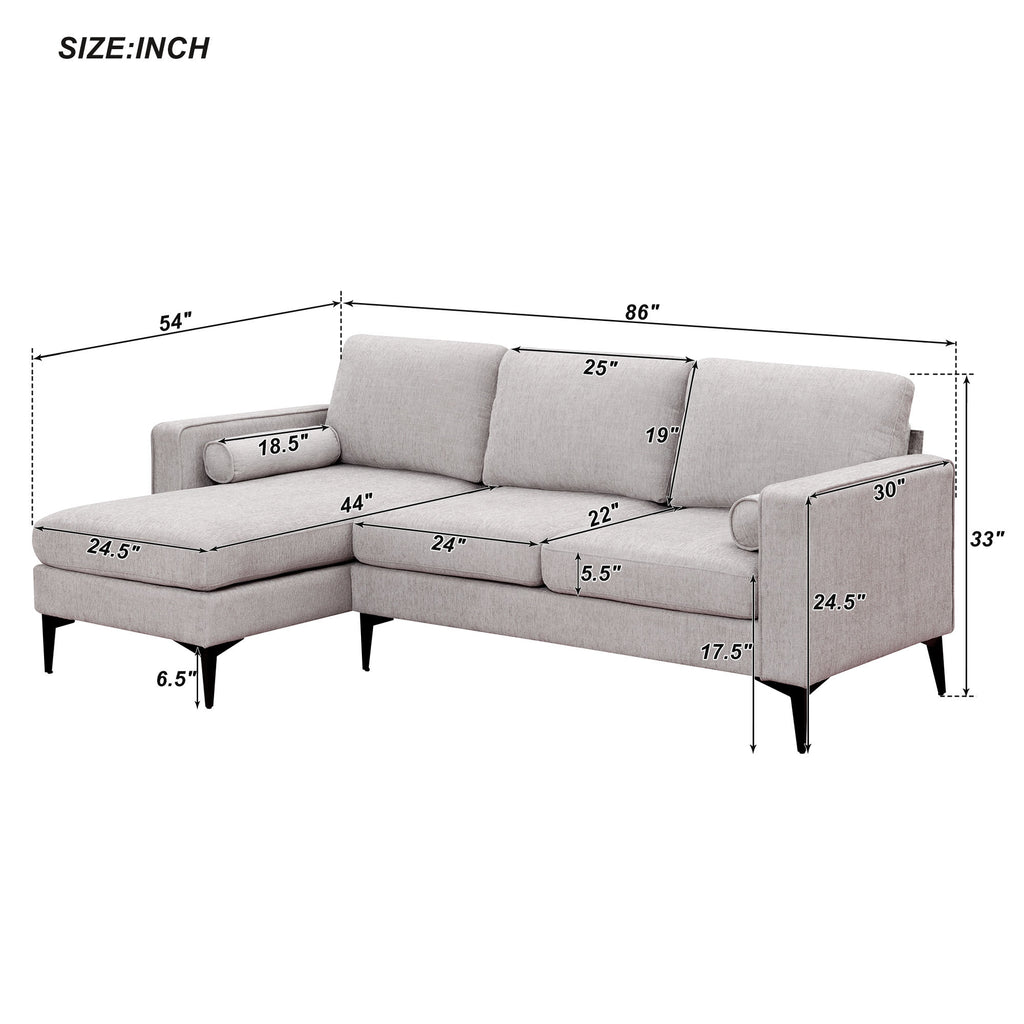 Beige 86" L-Shaped 3-Seat Sectional Sofa with Reversible Chaise D31633