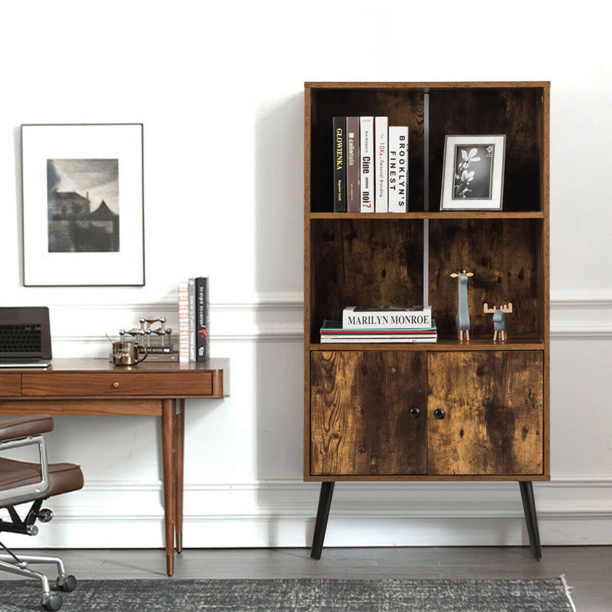 2-Tier Retro Bookcase Bookshelf with 3 Compartment and 2 Doors O420513