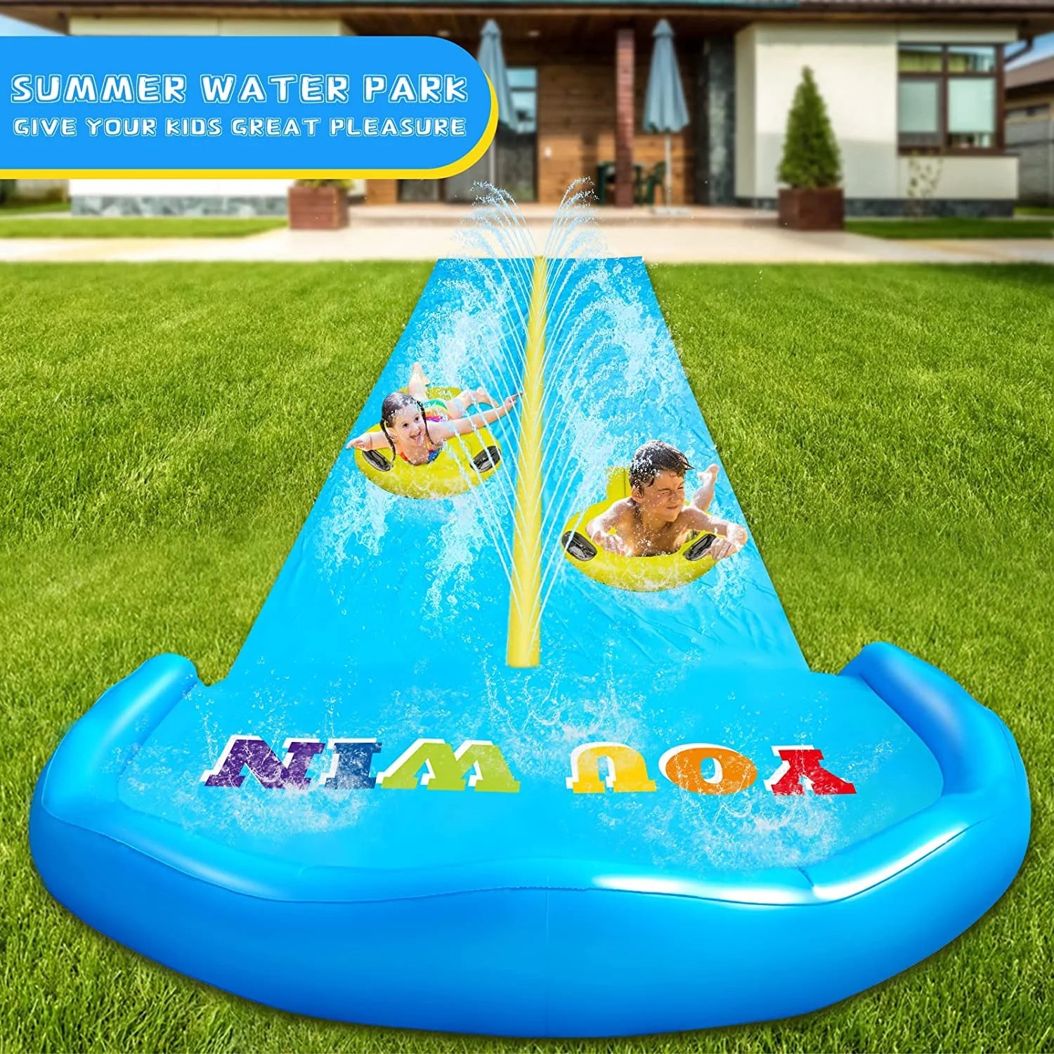 32.8FT Inflatable Water Slide with 2 Bodyboards & 2 Racing Lanes M237319