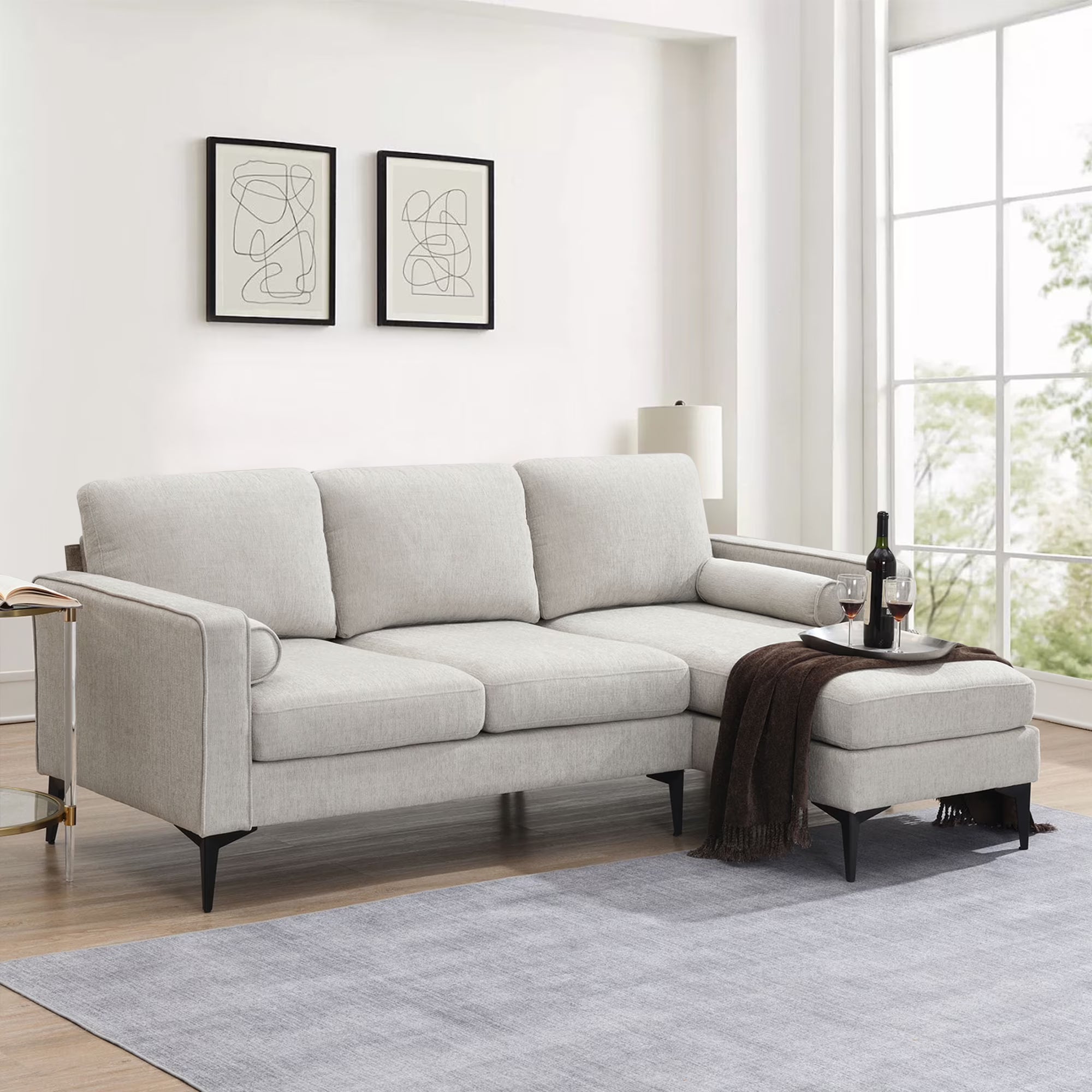 Beige 86" L-Shaped 3-Seat Sectional Sofa with Reversible Chaise D31633
