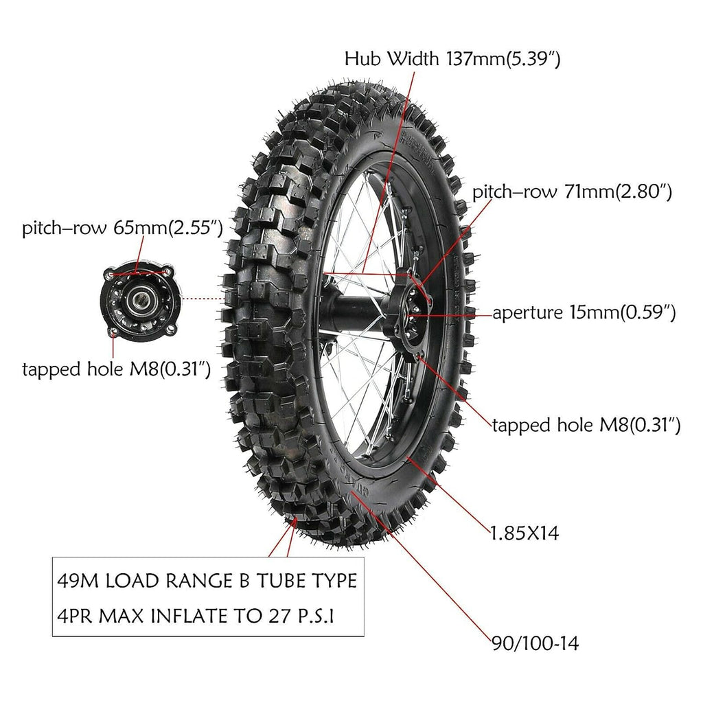 14" Rear Wheel 90/100-14 Tire + Rim for Dirt Bike Pit Bike C613