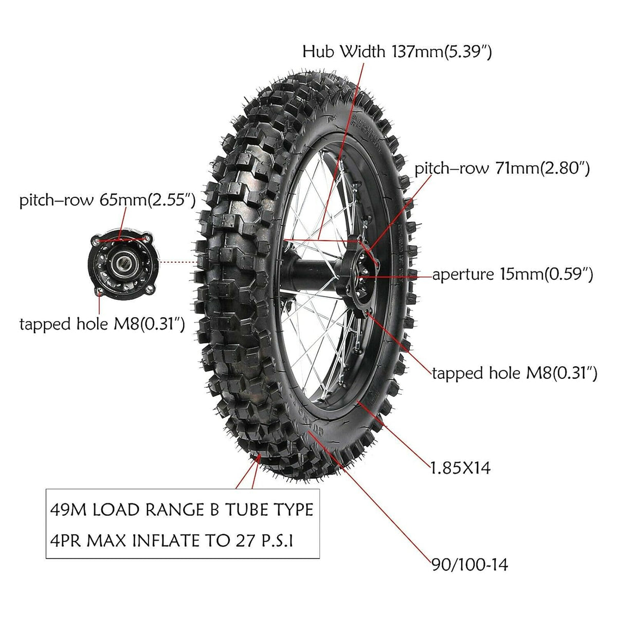 14" Rear Wheel 90/100-14 Tire + Rim for Dirt Bike Pit Bike C613