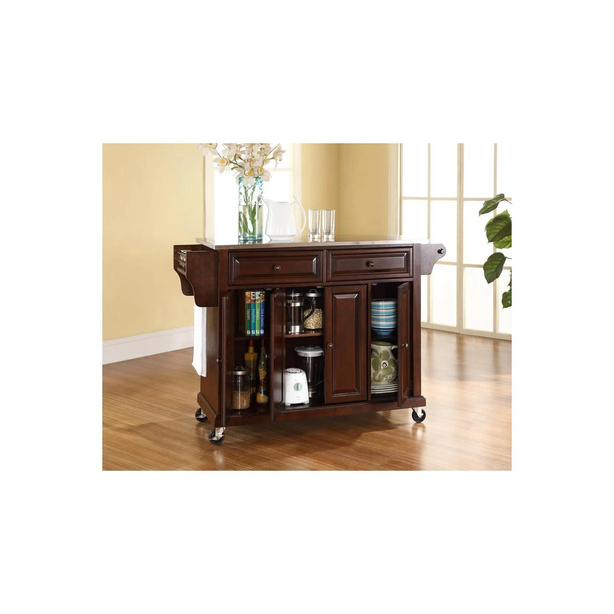 Mahogany/Silver Wood/Stainless Steel Kitchen Cart N209434