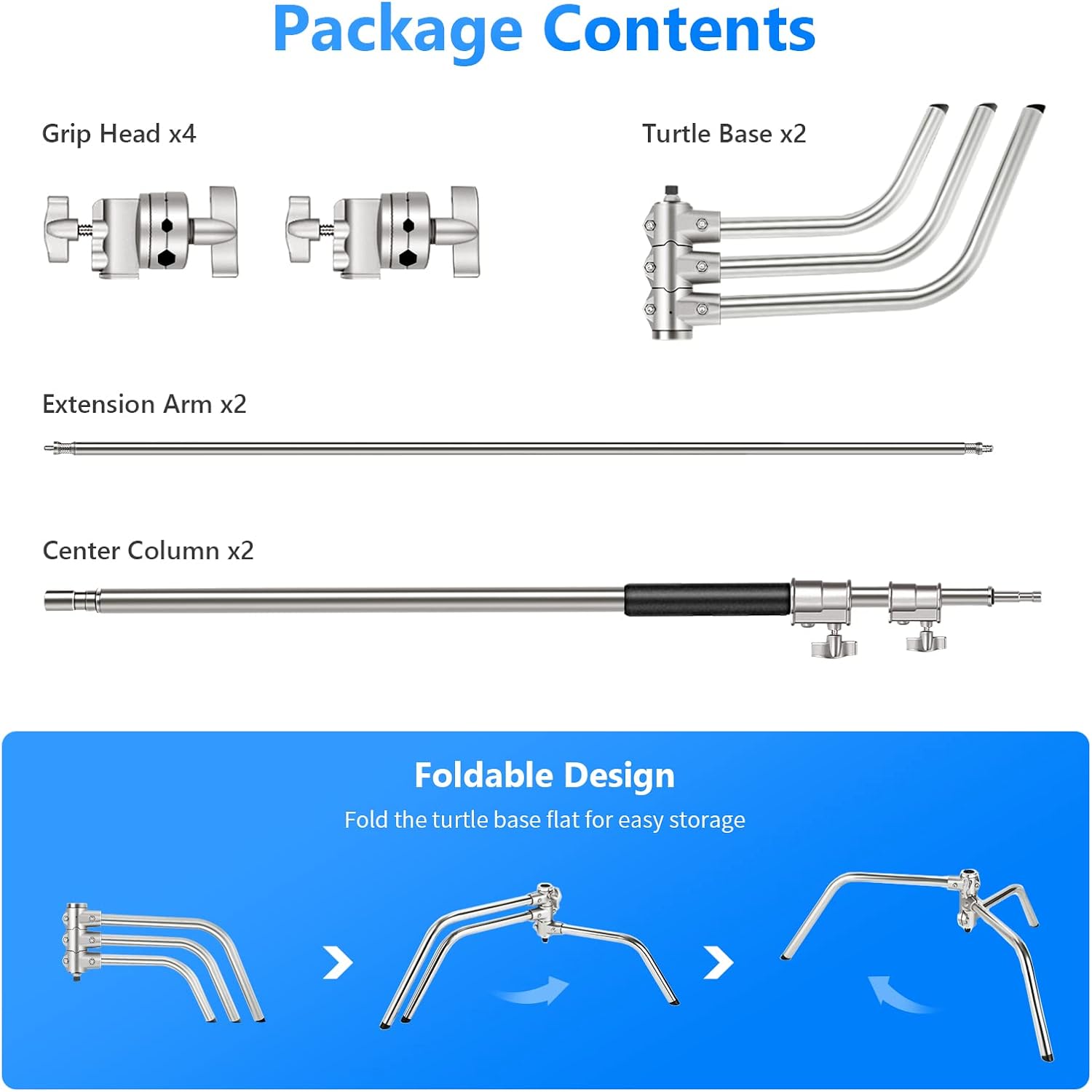 100% Stainless Steel C-Stand (2-Pack) with Extension Arm, Grip Head, Turtle Base Q6055