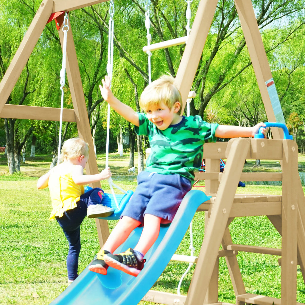 Wooden Swing Set with Slide and Climbing Rope O619