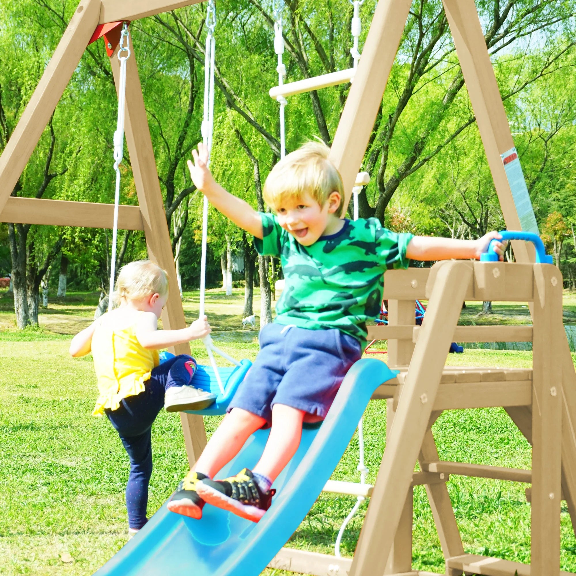 Wooden Swing Set with Slide and Climbing Rope O619