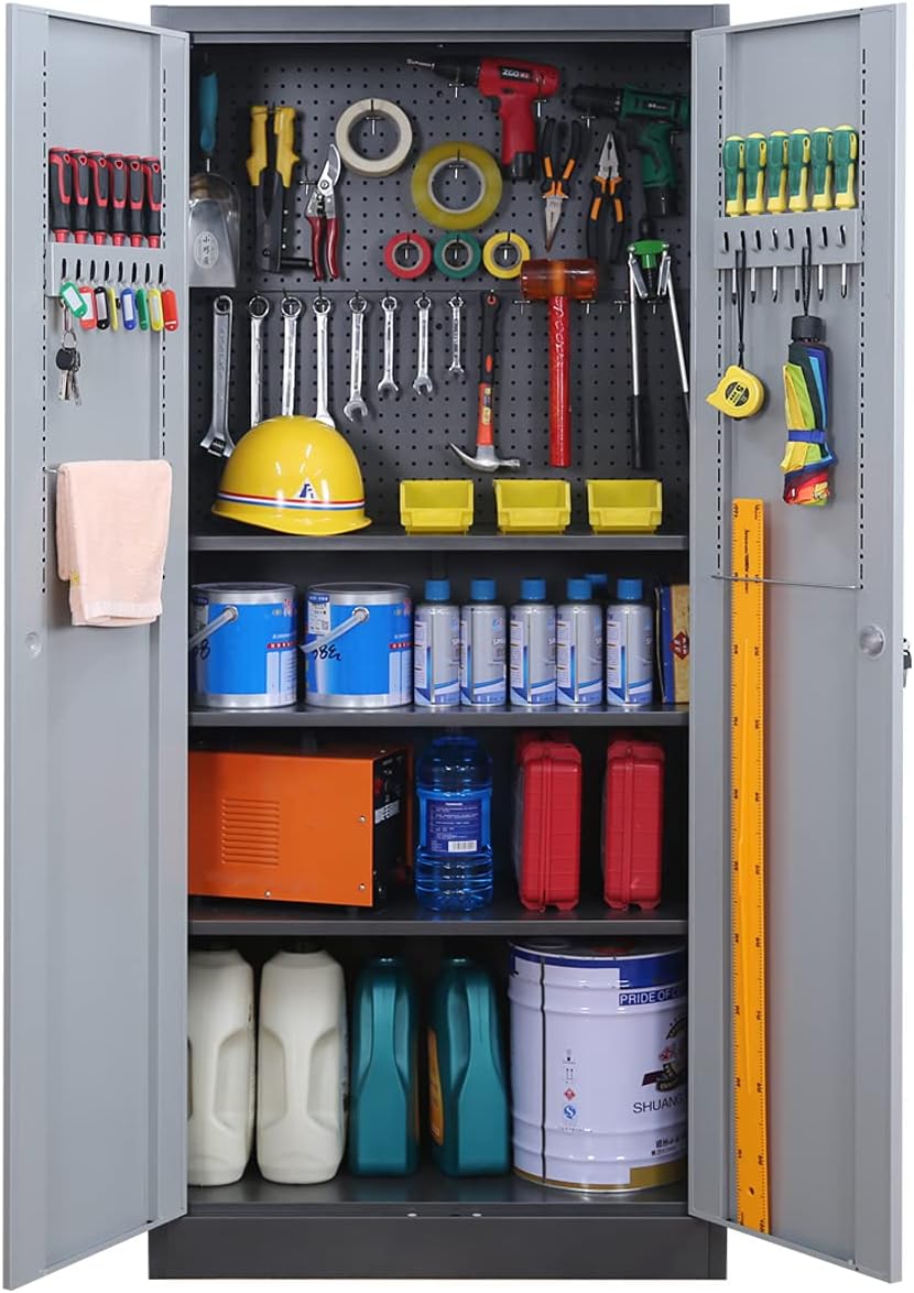 Metal Storage Cabinet with Lock Doors and Adjustable Shelves, Steel Garage Storage Cabinet with Pegboard, 70.86 H x 31.5 W x 15.75 D J789