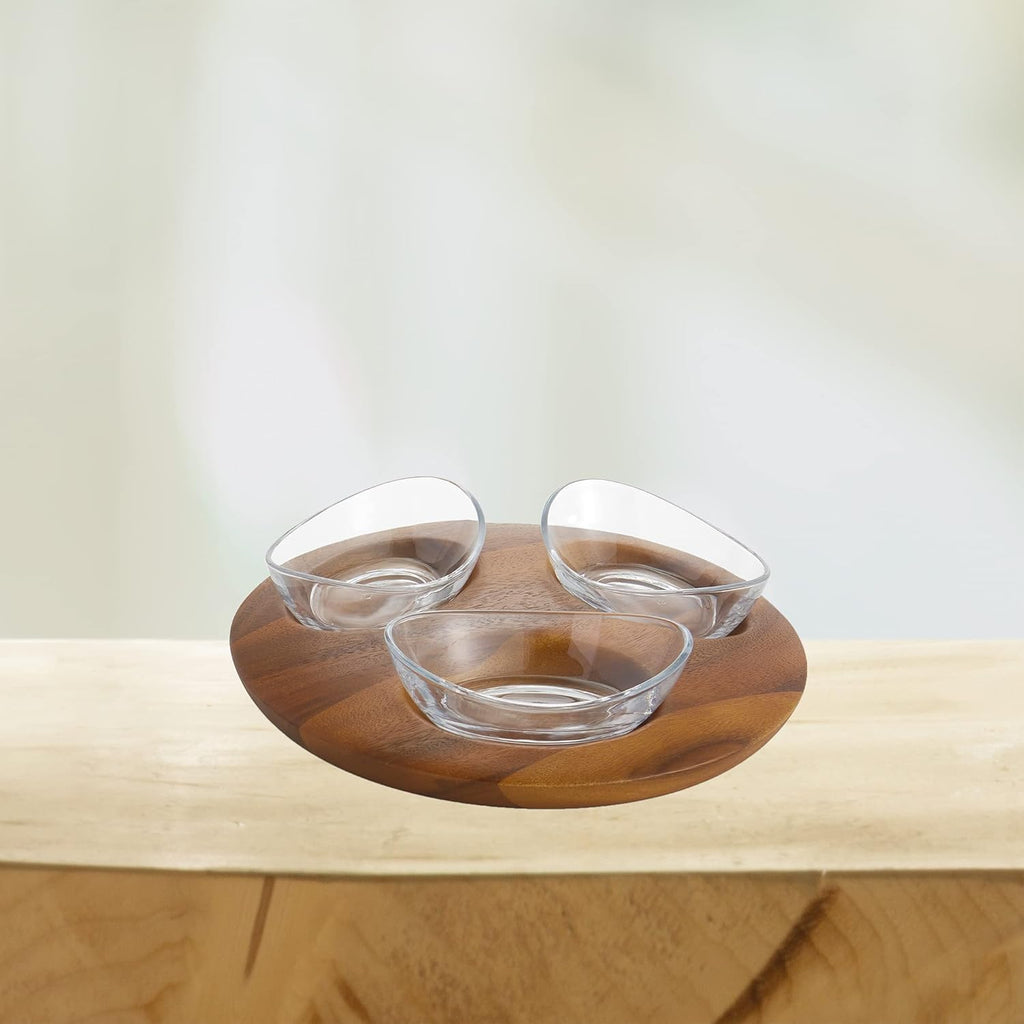 3 Piece Acacia Wood and Glass Condiment Server E778
