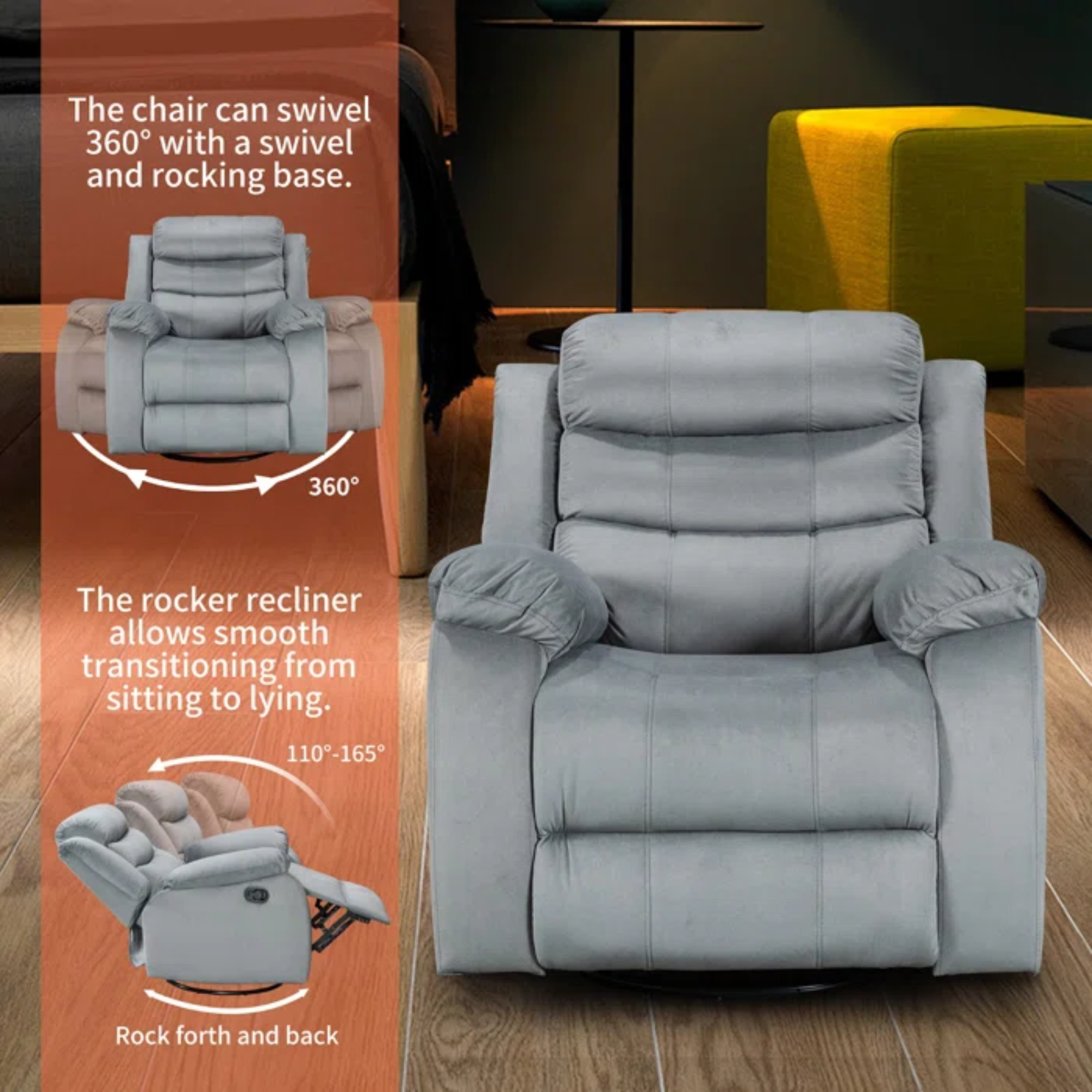 Gray Velvet Swivel Rocking Recliner Chair F129