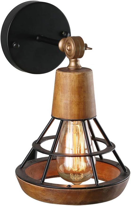 Conical Industrial Wood Wall Sconce with Cage Shade, 1-Light, Brown B790530
