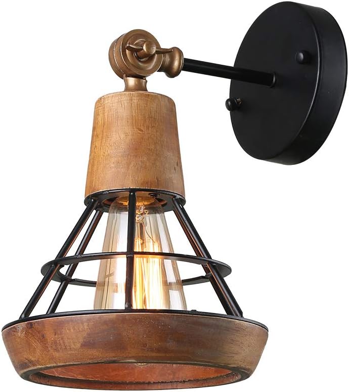 Conical Industrial Wood Wall Sconce with Cage Shade, 1-Light, Brown B790530