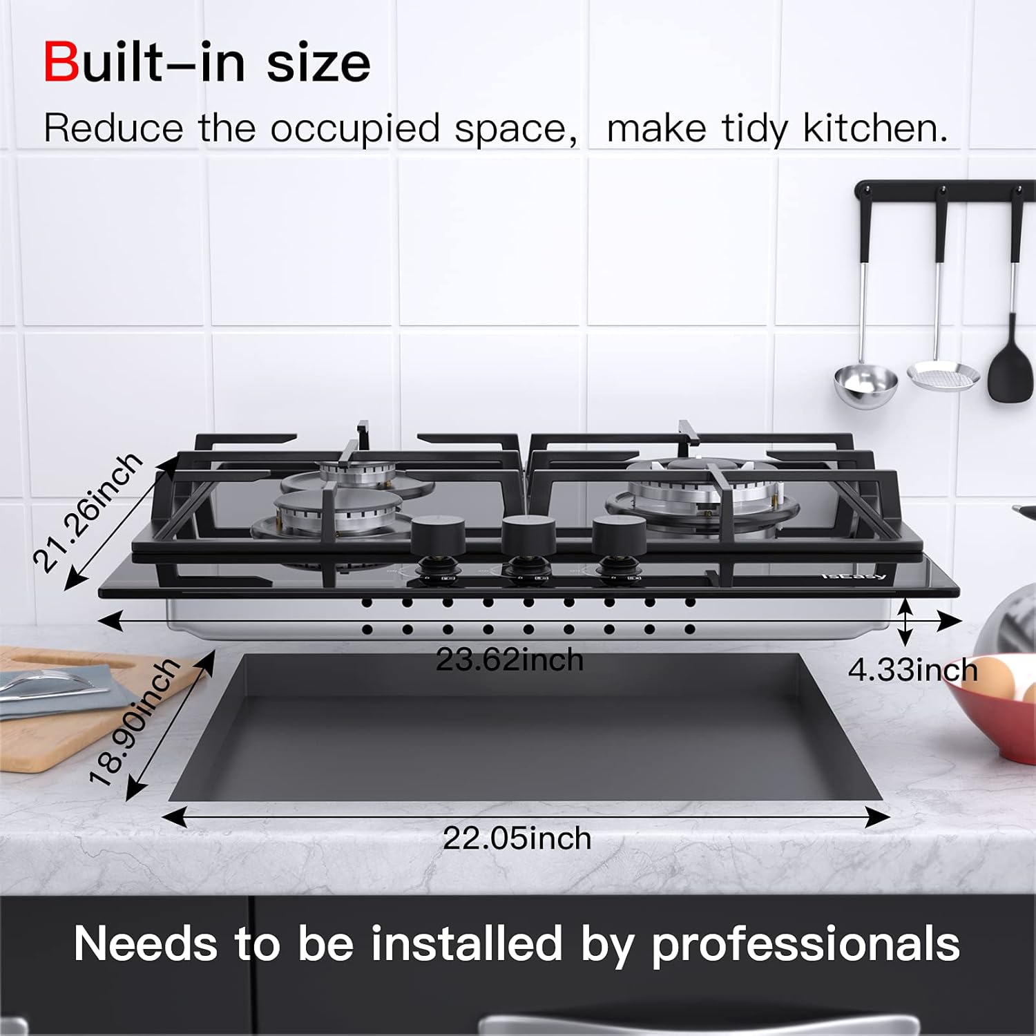 24 Inch Built-in Gas Cooktop, 3 Burner, Black Tempered Glass B27687
