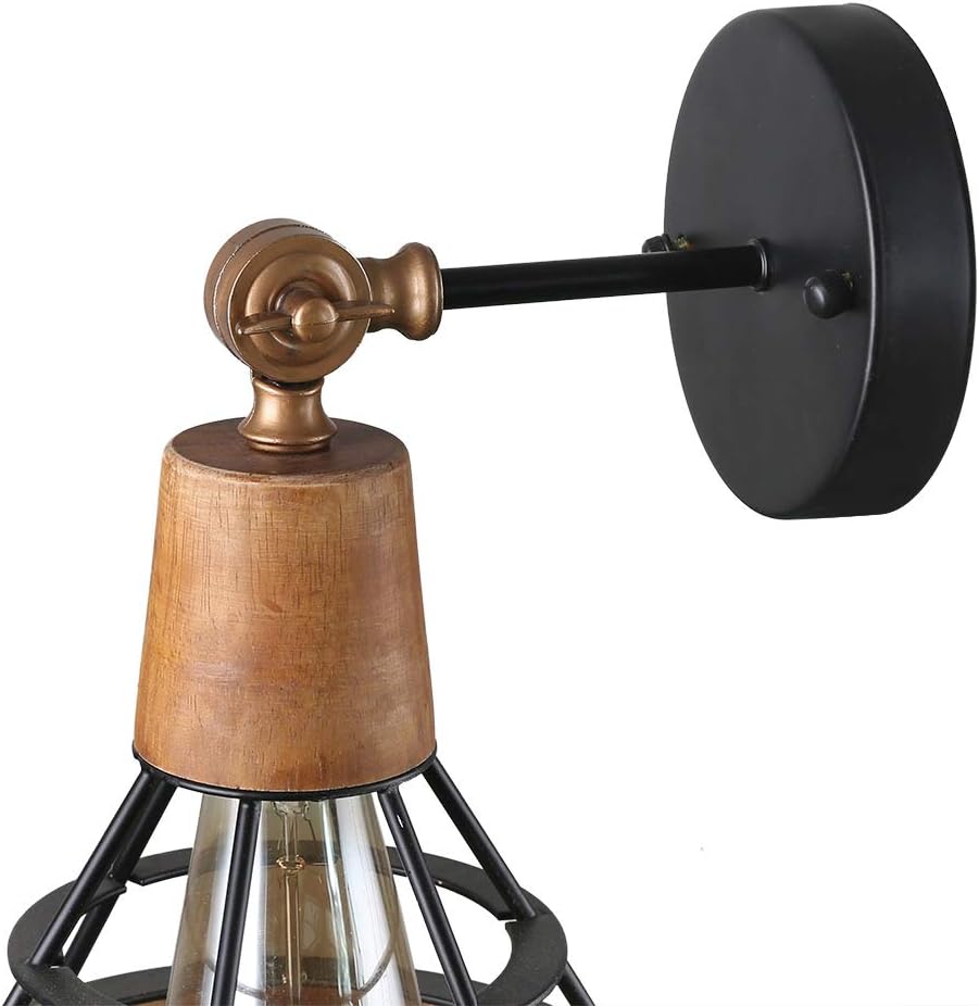 Conical Industrial Wood Wall Sconce with Cage Shade, 1-Light, Brown B790530